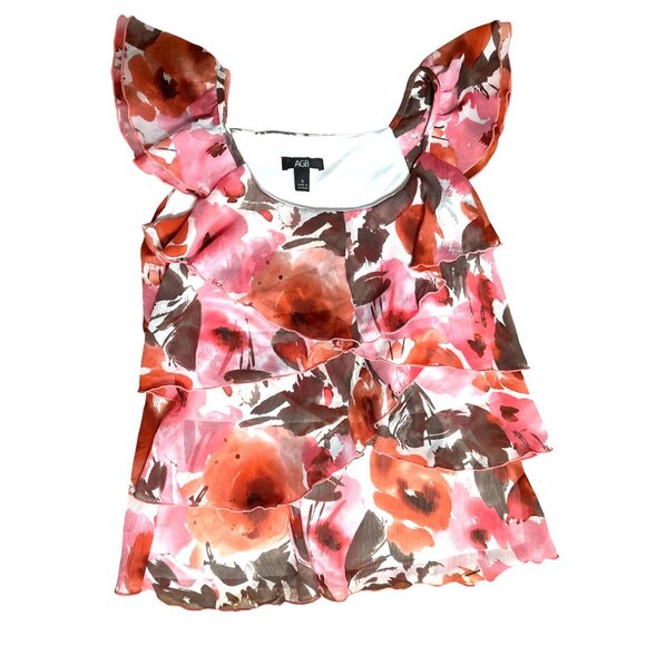 AGB Small East Hamptons Ruffle Blouse Pink Coral Floral Layered Style Romantic - Picture 13 of 14